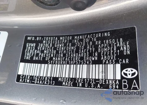 2017 Toyota Corolla Le из США, поврежденный, VIN 5YFBURHE1HP575243